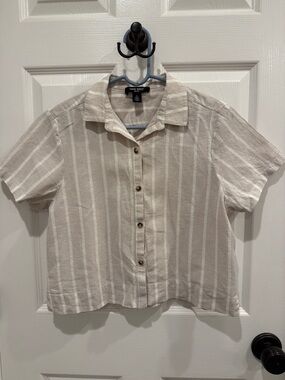 Nine West Beige and White Vertical Stripe Button-Up Top